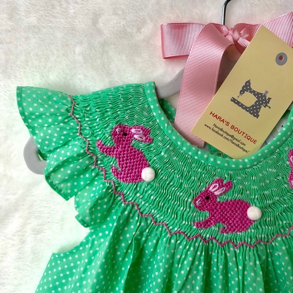 SOLD Pink bunny smocked polka dot green dress - Picture 2 of 2
